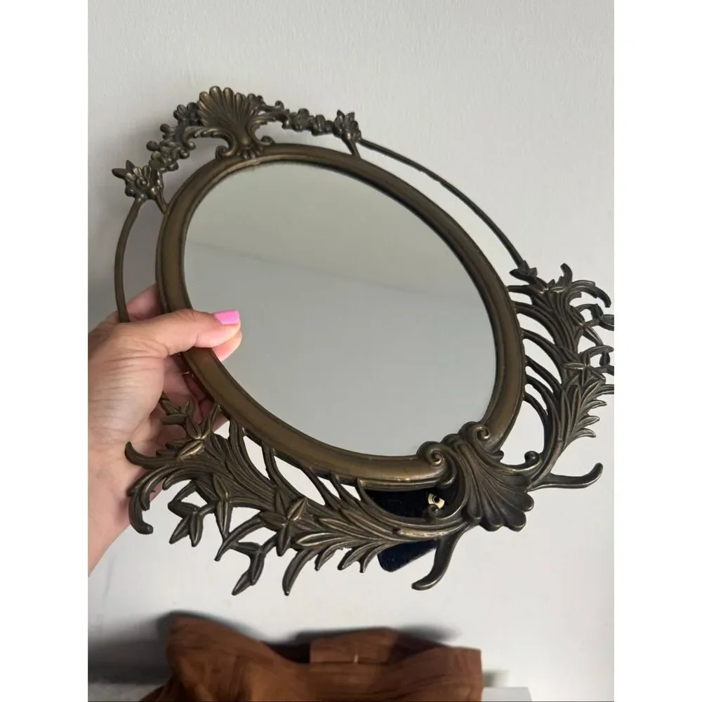 Vintage Antique Ornate Mirror With Floral And Scrollwork Design Bronze Finish